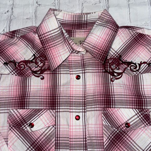 Cedar Rose Youth XL Embroidered Western Snap Shirt – Maroon & Pink Long Sleeve - Picture 5 of 5